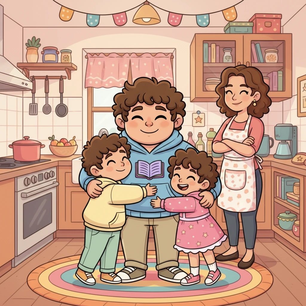 In their cozy, colorful house, Book, the kind omega doctor, shared a warm hug with his younger siblings, Mack and Mae, while their loving mother smiled from the kitchen. Though not wealthy, their home overflowed with happiness and the strong bonds of family love. Book's heart was full, cherishing these precious moments.