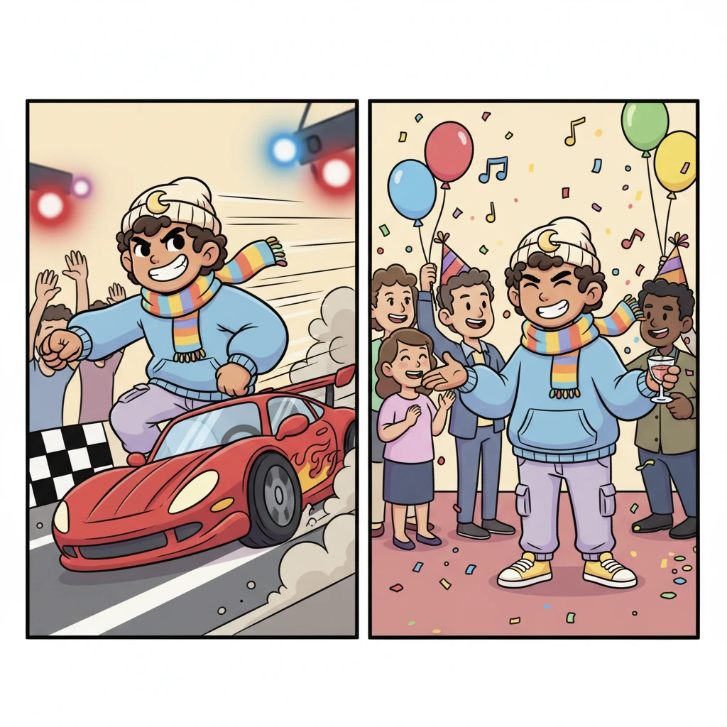 Across town, Joong Kingsley, with a confident, almost arrogant smirk, sped past the finish line in his sleek race car, surrounded by flashing lights and cheering crowds. Later, at a vibrant, lively party, he effortlessly charmed everyone around him, embodying his carefree and wild playboy persona.