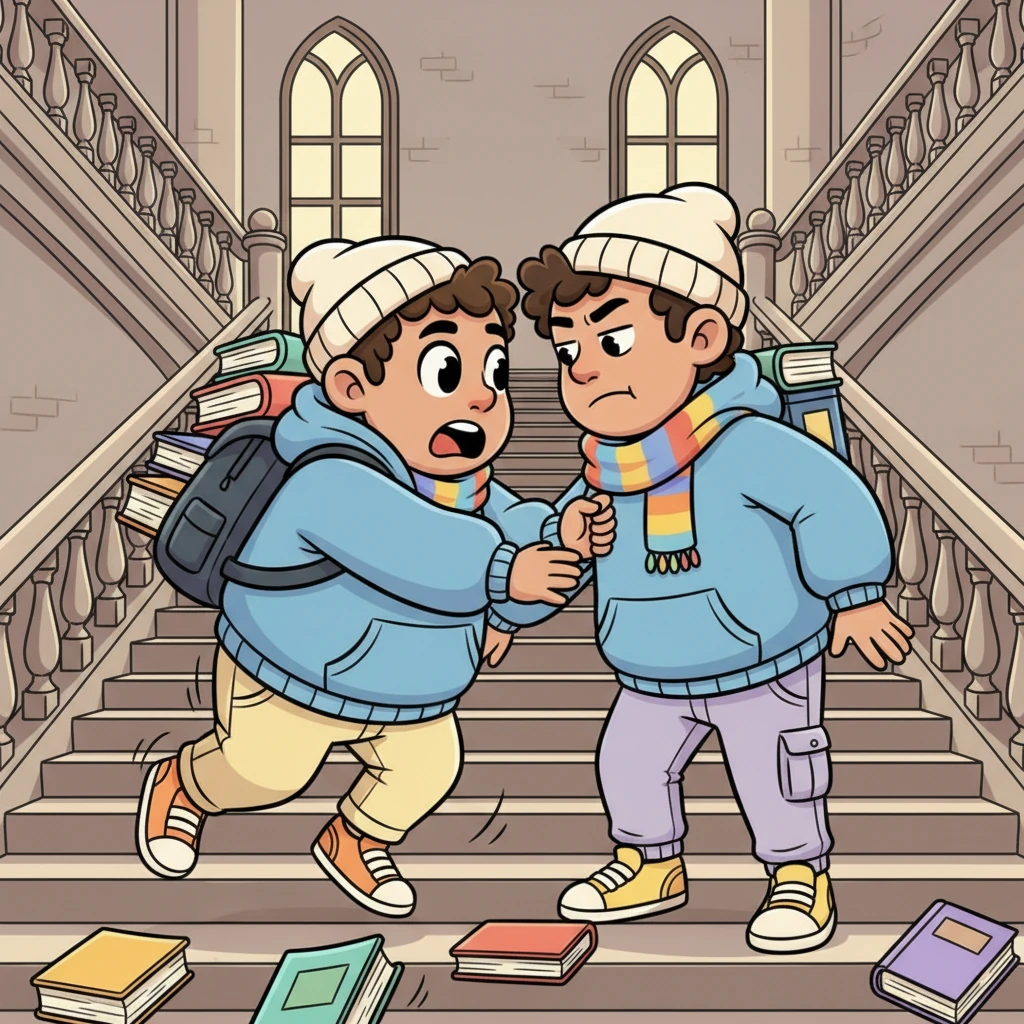 Flustered by the encounter, Book rushed down a grand staircase, when he suddenly bumped hard into Joong's strong chest. Book stumbled, nearly falling, but quickly grabbed Joong's shirt to steady himself. Their eyes met for a tense moment, Joong's face showing only a flicker of annoyance.