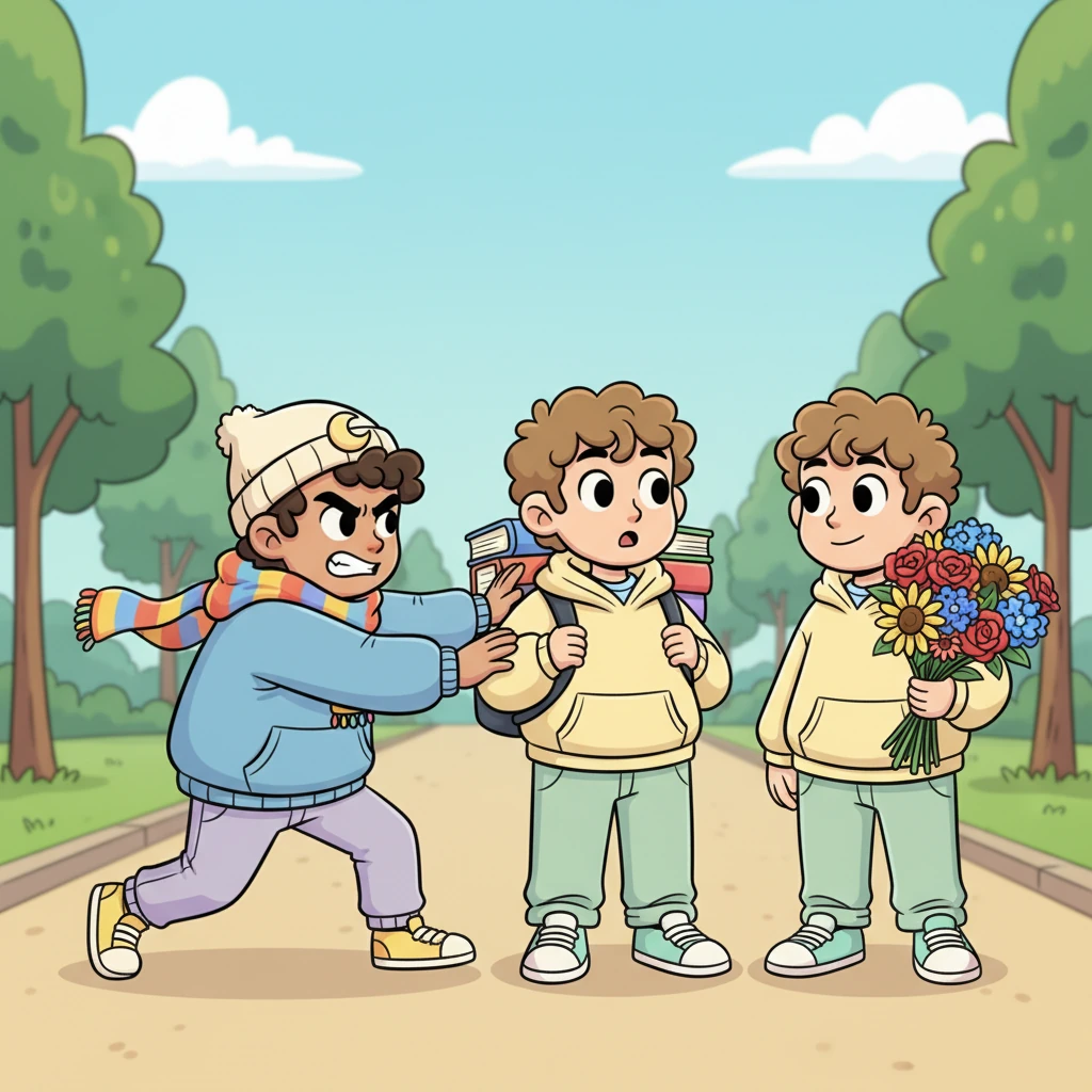 Just then, Ohm appeared, seeing the scene unfold. With a protective scowl, he swiftly stepped forward and gently pushed Joong away from Book. Joong, holding a vibrant bouquet of flowers for his mother, simply shrugged, completely unfazed by Ohm's fierce protectiveness.