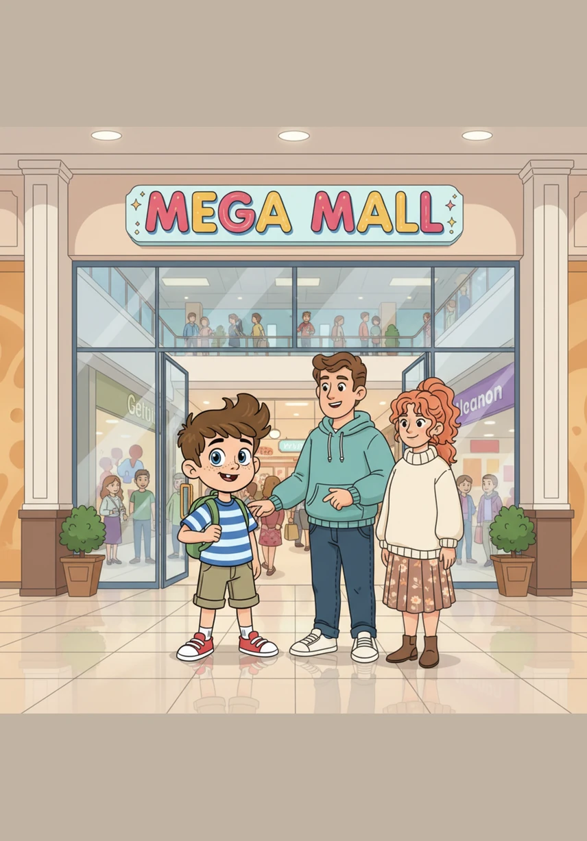 Leo walked into the massive shopping mall with his parents, his eyes wide with wonder at the towering glass ceilings and festive decorations. The air was filled with the scent of popcorn and the sound of cheerful music playing from every corner.