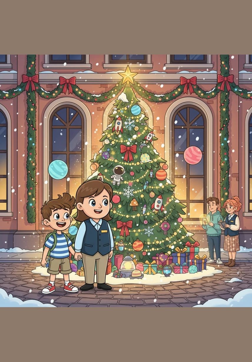 A magnificent holiday display caught Leo's eye, featuring glittering lights and a parade of moving toy soldiers. He stopped for just a moment to admire the magic, letting go of his father's hand to get a better look at the sparkling scene.