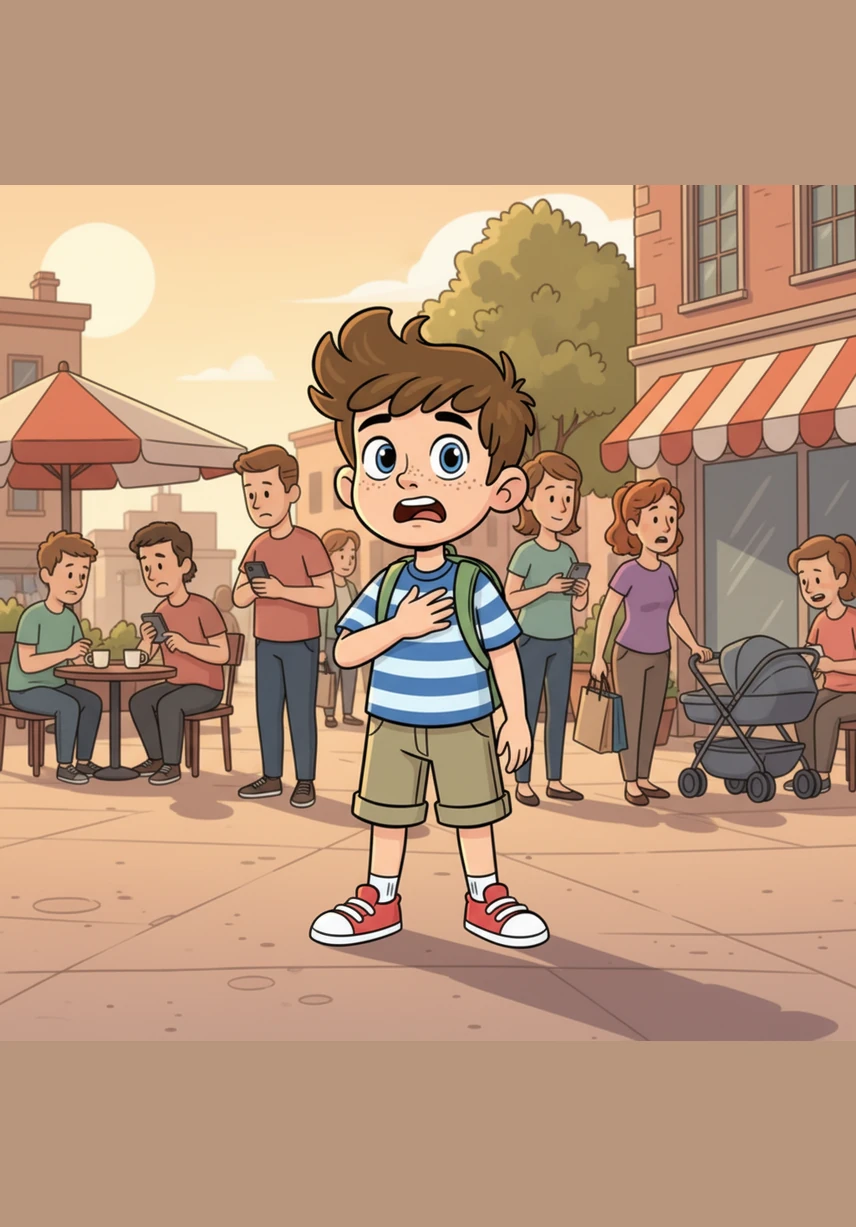 A wave of fear washed over him, and his heart started to beat fast as he realized he was truly lost. He remembered his parents' important advice: if you ever lose us, stop walking immediately and stay in one spot.