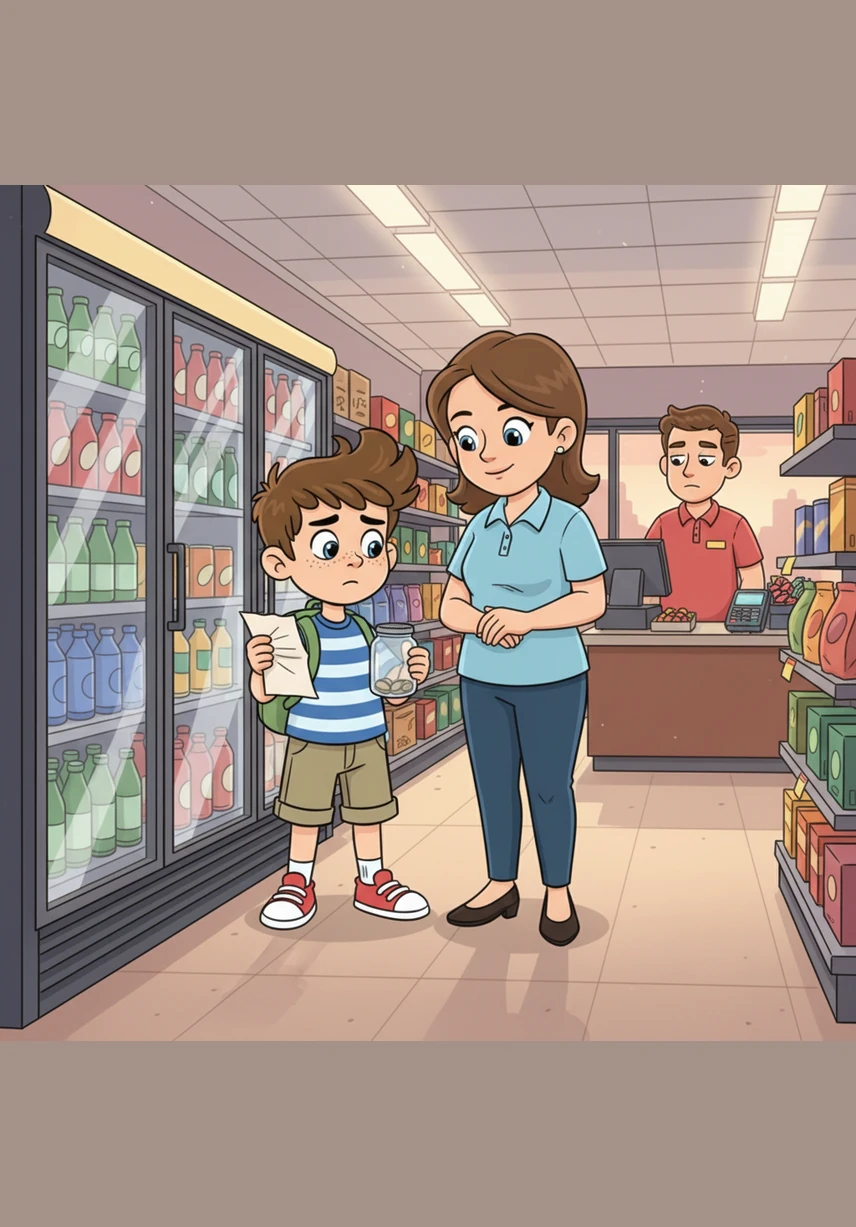 Leo took a deep breath and stood firmly next to a large, brightly lit shop entrance decorated with colorful ribbons. He watched the people go by, trying his best to keep his eyes dry and his mind clear just like his parents taught him.