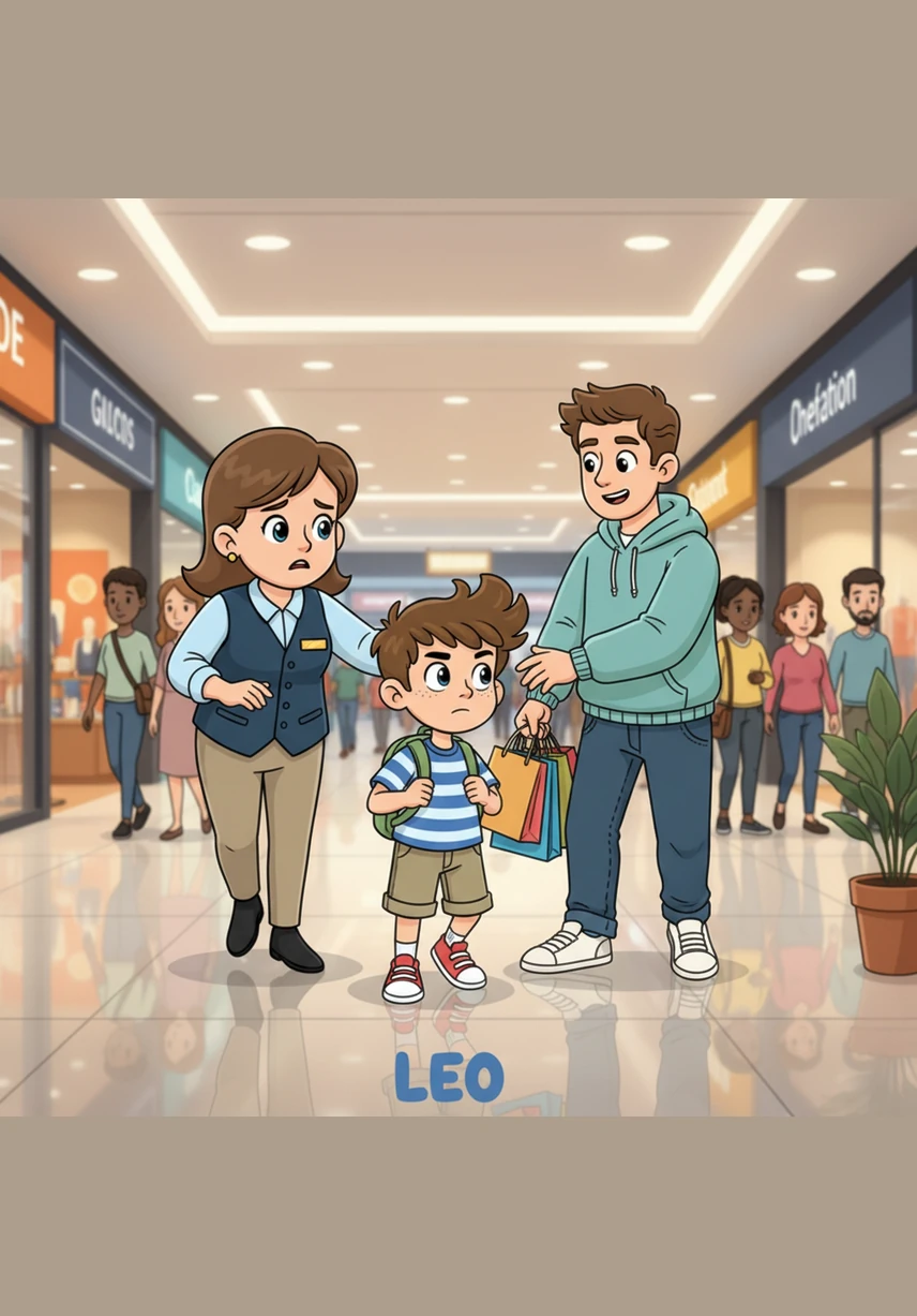 Nearby, he spotted a mall staff member wearing a helpful smile and a distinctive blue uniform with a name tag. Remembering his safety rules, Leo walked up to the kind person and politely explained that he couldn't find his family.
