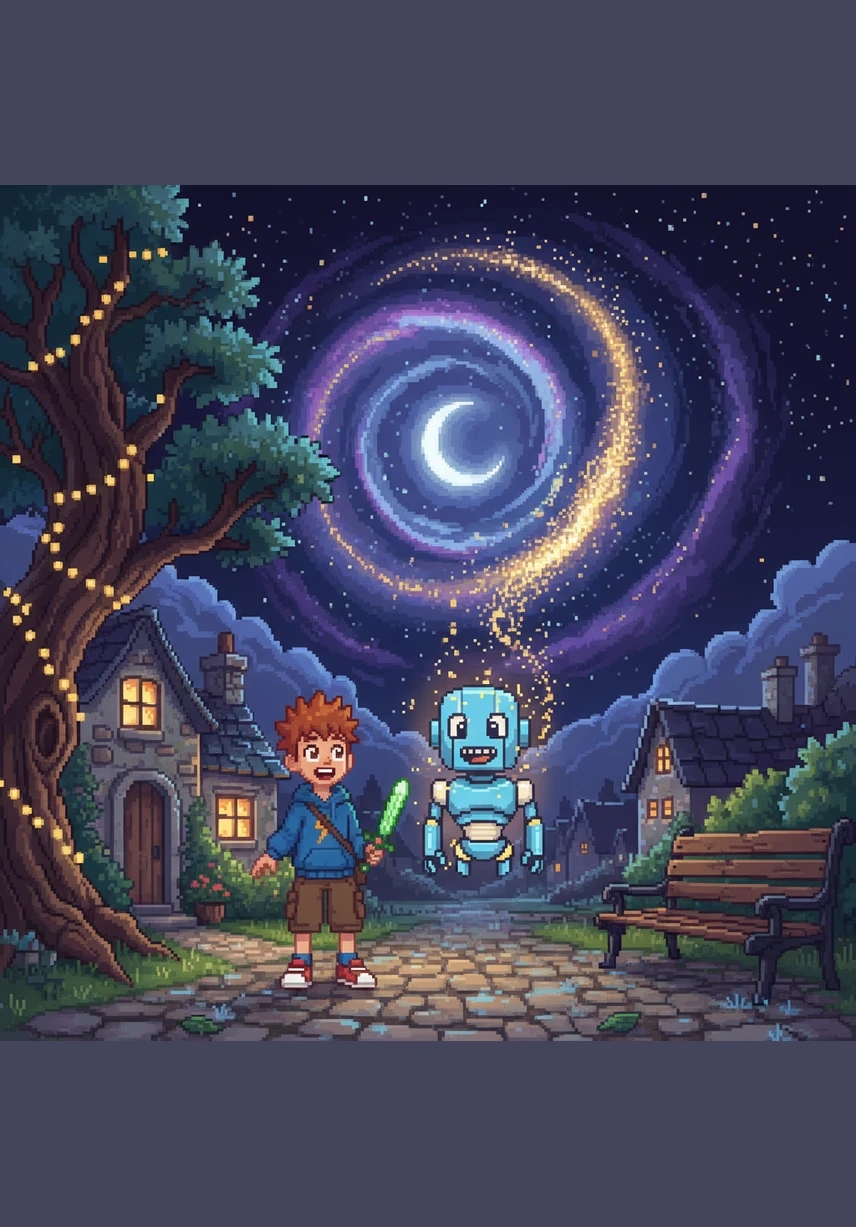 One quiet evening, a curious boy named Kai sat on his porch gazing at the twinkling stars. Suddenly, a glowing spaceship landed softly on his lawn, and a friendly robot named Nova stepped out to invite him on an incredible adventure through the sky.