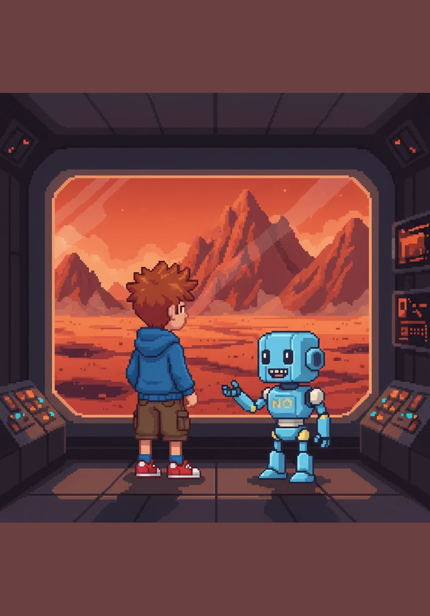 The journey continued to Mars, a dusty red world filled with giant mountains and deep, mysterious valleys. Kai looked out at the rusty landscape while Nova explained how scientists are still studying the red planet to see if life ever existed there.