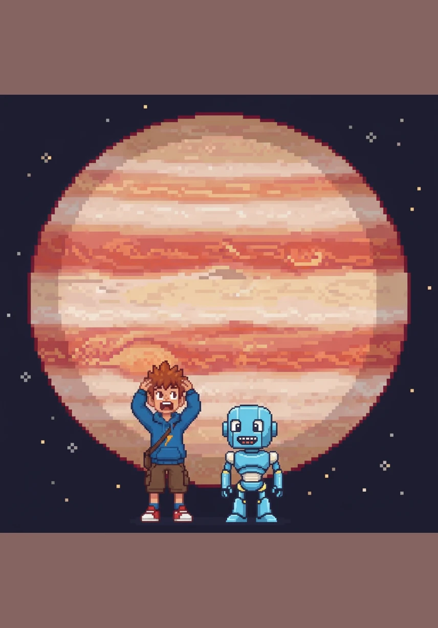 Suddenly, a gigantic striped planet appeared before them, so big that Kai gasped in surprise. This was Jupiter, the largest planet in the solar system, covered in colorful swirling storms that looked like beautiful patterns of paint.