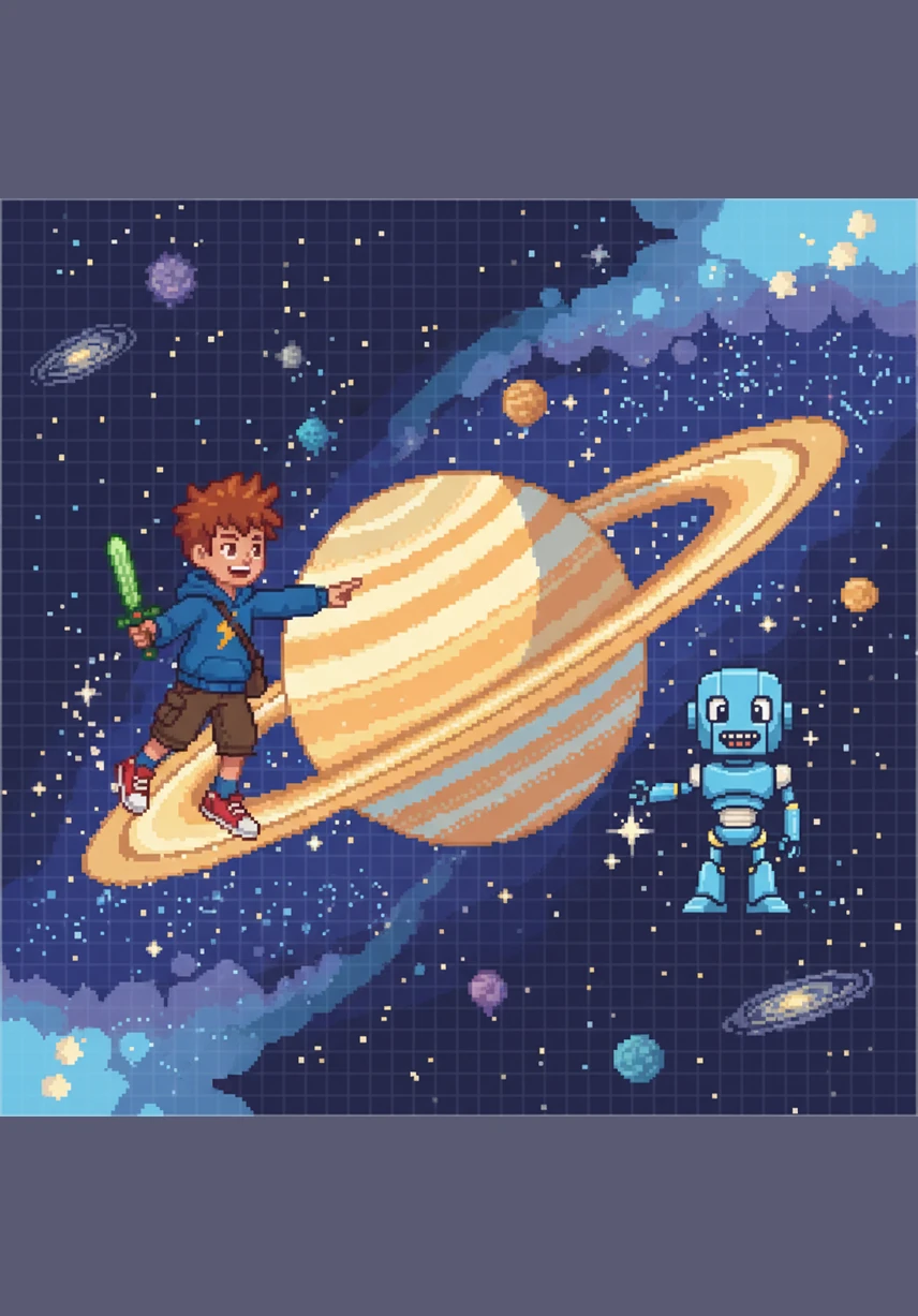 They floated toward Saturn next, a magnificent planet surrounded by spectacular, sparkling rings. Kai laughed as he watched the rings made of ice and rock, thinking they looked just like a giant, shimmering hula hoop in the sky.