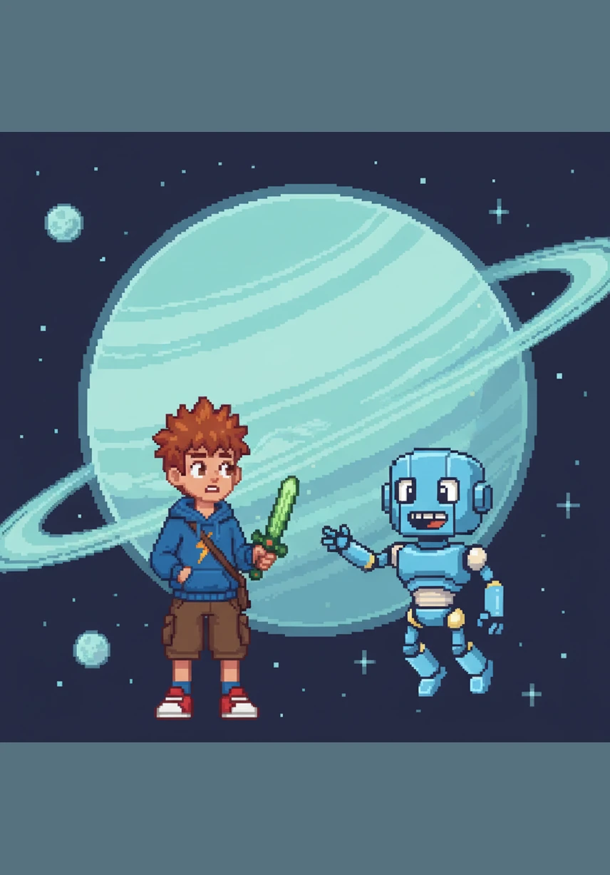 Further out, they reached Uranus, a strange and icy planet that appeared to be tilted completely on its side. Nova explained that Uranus is unique because it spins in a very unusual way compared to all the other planets they had visited.