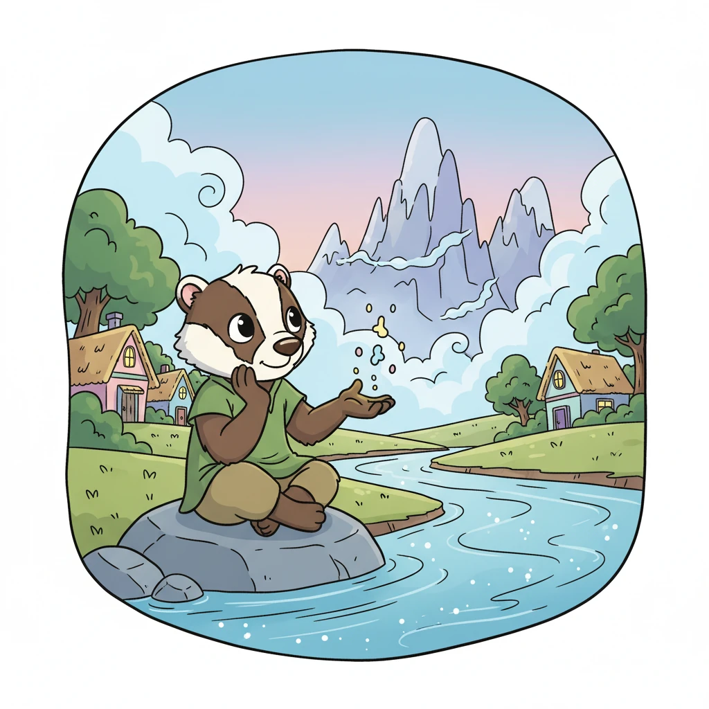 Silas, a small, thoughtful badger, often sat by the sparkling river at the edge of his cozy village. He would gaze at the distant, swirling mist that crowned the ancient mountains, feeling a quiet, curious longing deep in his heart. The familiar warmth of his home was comforting, but a gentle whisper from beyond the hills called to him. He wondered what wonders lay hidden in the world outside his known path.