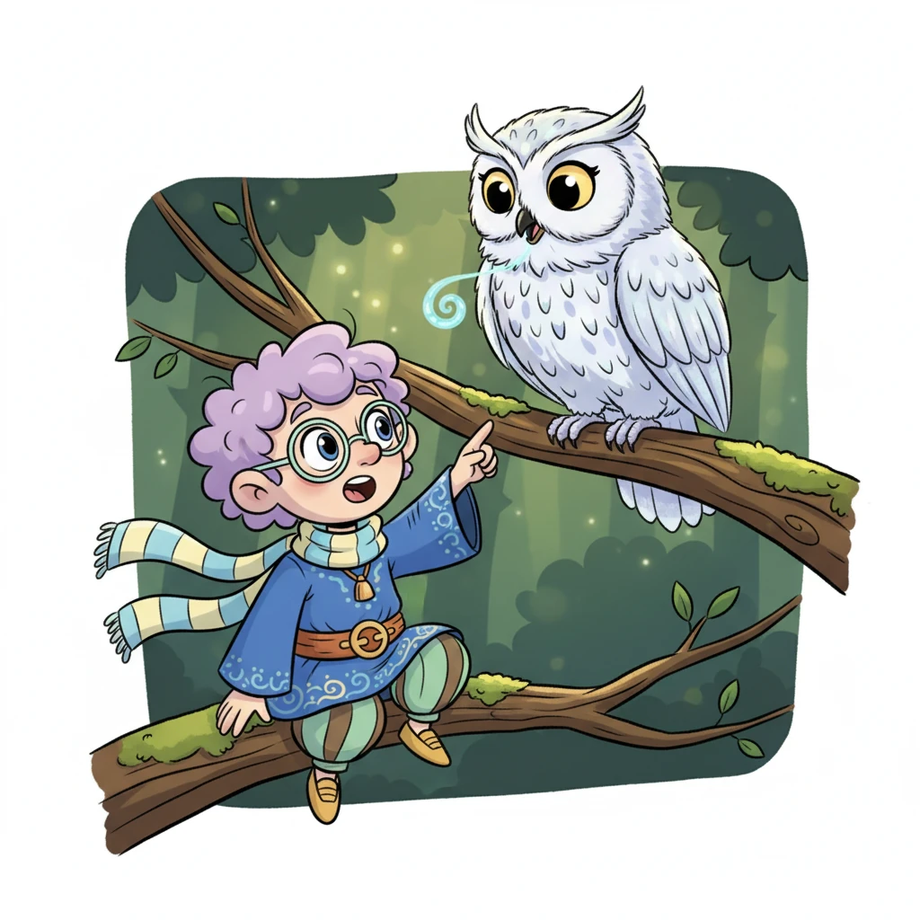 High above, perched on a mossy branch, Silas spotted a magnificent, wide-eyed owl with feathers like spun moonlight. The wise old owl blinked slowly, then let out a soft, encouraging hoot that seemed to guide Silas deeper into the woods. It was a gentle nudge, a wordless blessing for his journey of discovery.