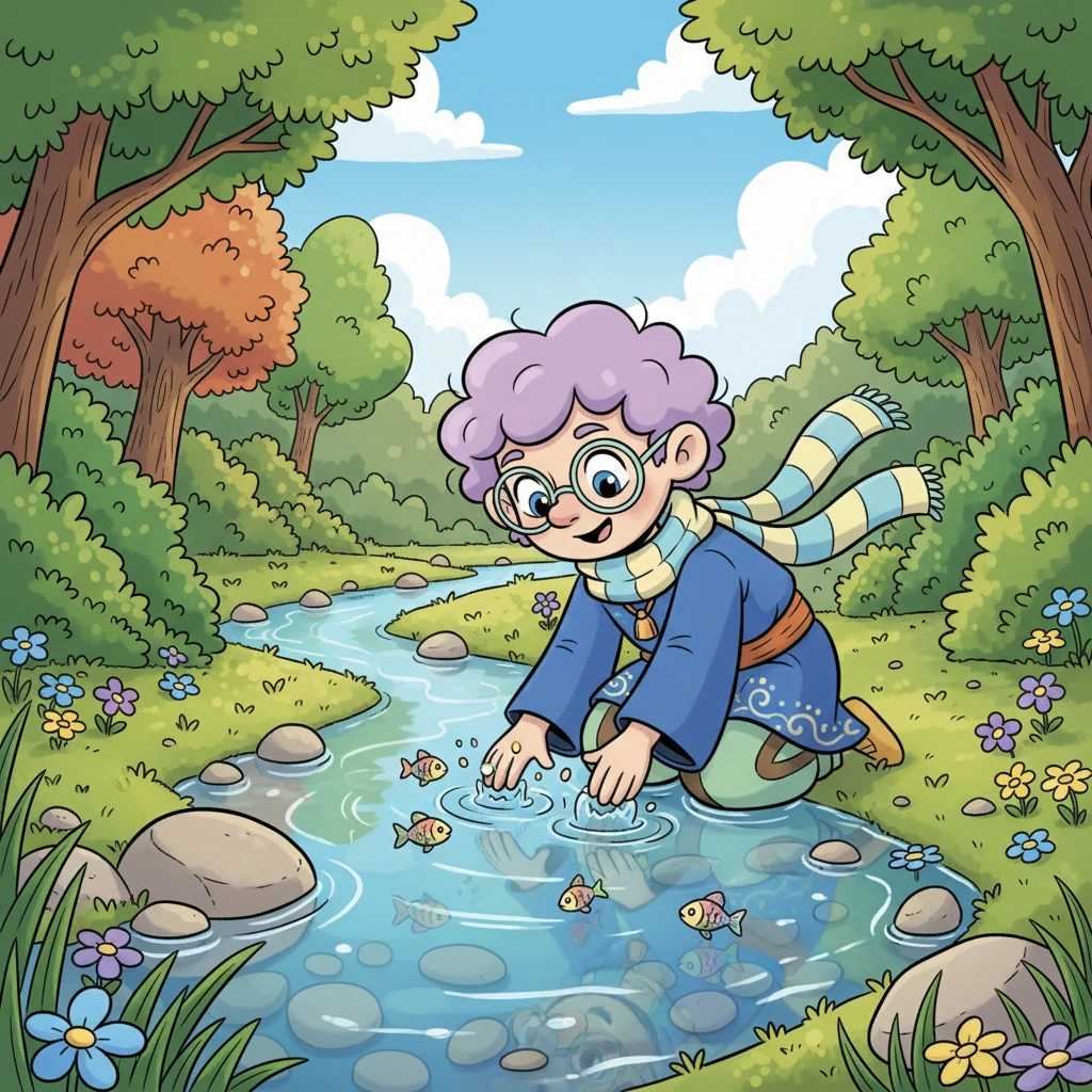 Further on, Silas discovered a hidden clearing where a crystal-clear stream flowed, reflecting the bright blue sky like a perfect mirror. He knelt, dipping his small paws into the cool, refreshing water. Tiny, iridescent fish darted playfully amongst the smooth river stones, reminding him of the vibrant life hidden in plain sight.