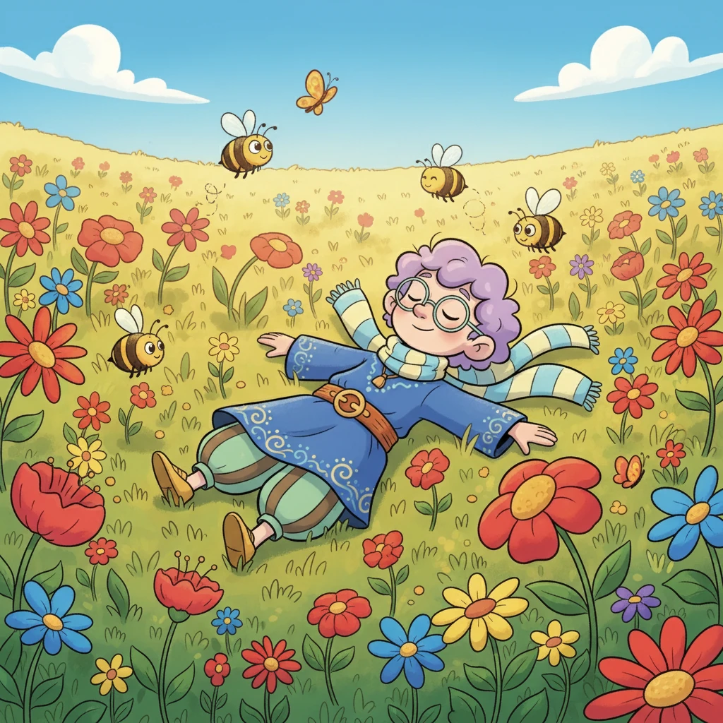 He emerged into a vast, sun-drenched meadow, a breathtaking tapestry of wildflowers swaying gently in the breeze. Bees buzzed contentedly, and butterflies danced in the warm air. Silas lay down amidst the soft petals, feeling a profound sense of peace and belonging, even in the quiet solitude of the open field.
