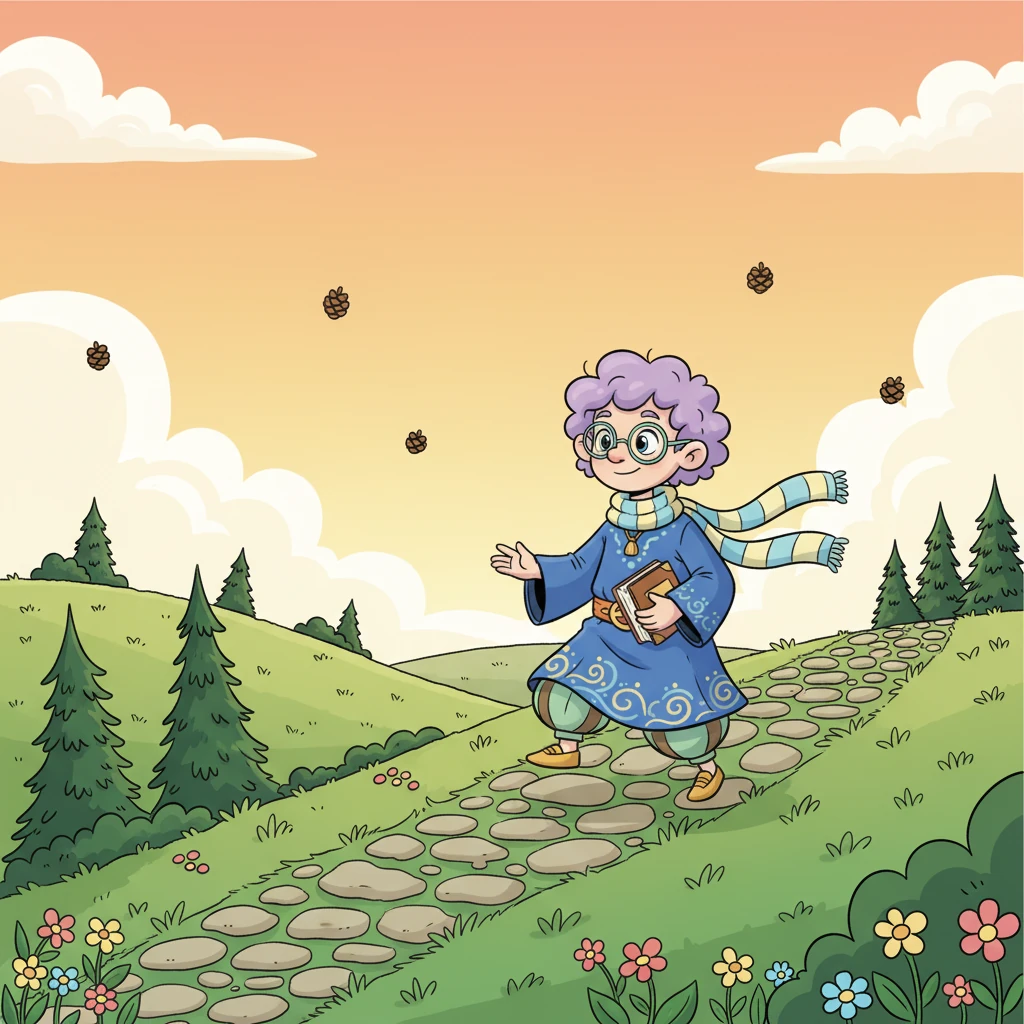 As the day matured, Silas began to ascend a gentle, winding path leading up a verdant hill. The air grew crisper and smelled of fresh pine, and the world seemed to open up around him. He felt small yet wonderfully connected to the immense grandeur and peaceful spirit of the rolling landscape.