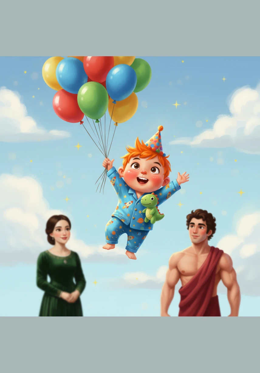 封面：可爱的小男孩橙橙头戴彩色的生日帽，被一束五颜六色的气球带着微微飞离地面，他脸上洋溢着惊喜的笑容，背景是柔和的蓝天白云与点点星光。