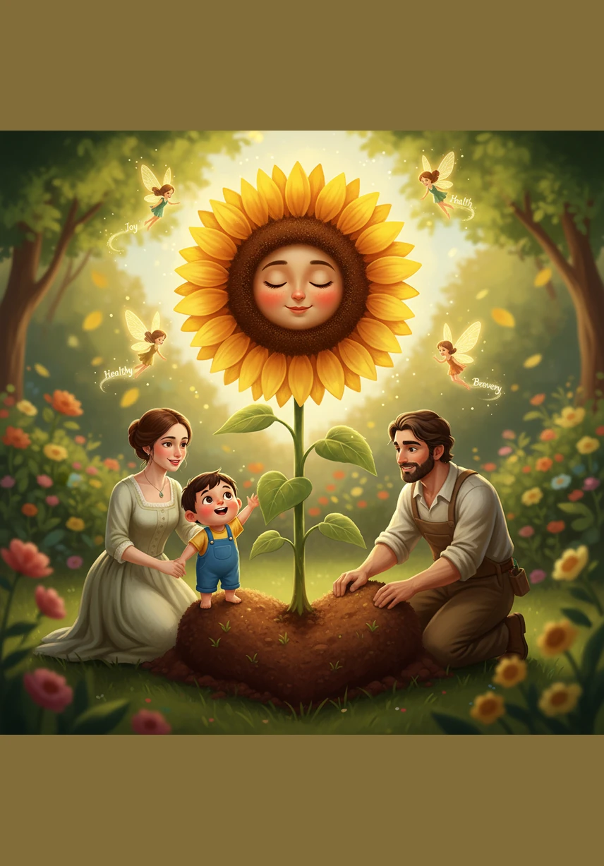 扉页：一株茁壮的向日葵生长在爱心形状的土壤中，花朵中心是橙橙甜美的睡脸，周围飞舞着几只写有快乐、健康、勇敢字样的发光小精灵。