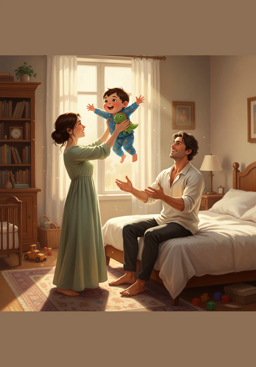 清晨的阳光透过窗帘洒进可爱的卧室，五岁的橙橙穿着卡通睡衣站在小床上高高举起双手伸懒腰，他的小恐龙玩偶也趴在床边笑眯眯地看着他。