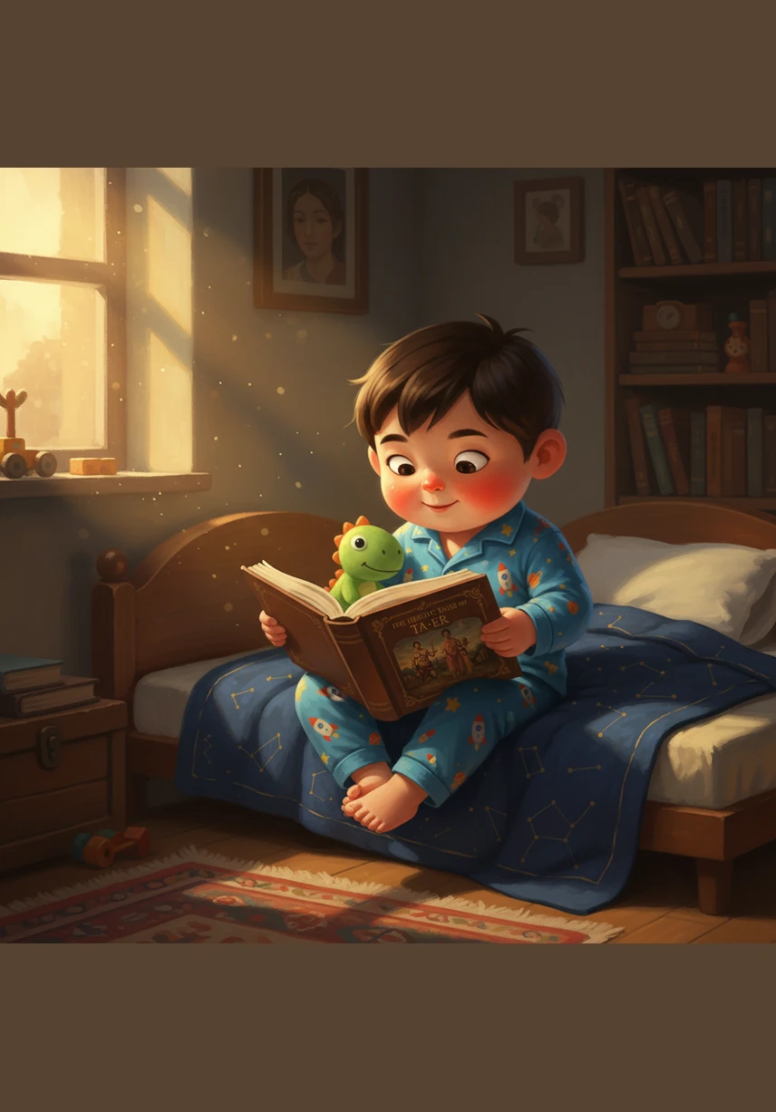 橙橙坐在床边一只手托着腮，认真地思考着生日愿望，他望向窗外飞过的小鸟，眉头微蹙的样子显得既专注又可爱。