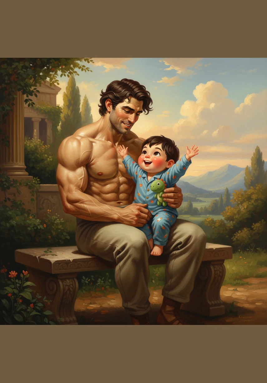 强壮的爸爸把橙橙高高举过头顶，橙橙像在飞翔的小水手一样张开双臂，从高处看下去，温馨的客厅仿佛变成了一片辽阔的蔚蓝大海。