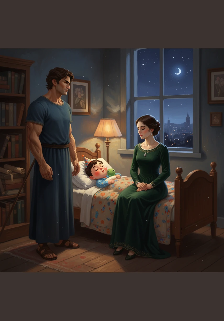 深夜，橙橙抱着小恐龙在月光下安然入睡，床头放着全家福和贺卡，他梦见自己永远和爸爸妈妈及好朋友们在一起，整个画面宁静而充满爱意。