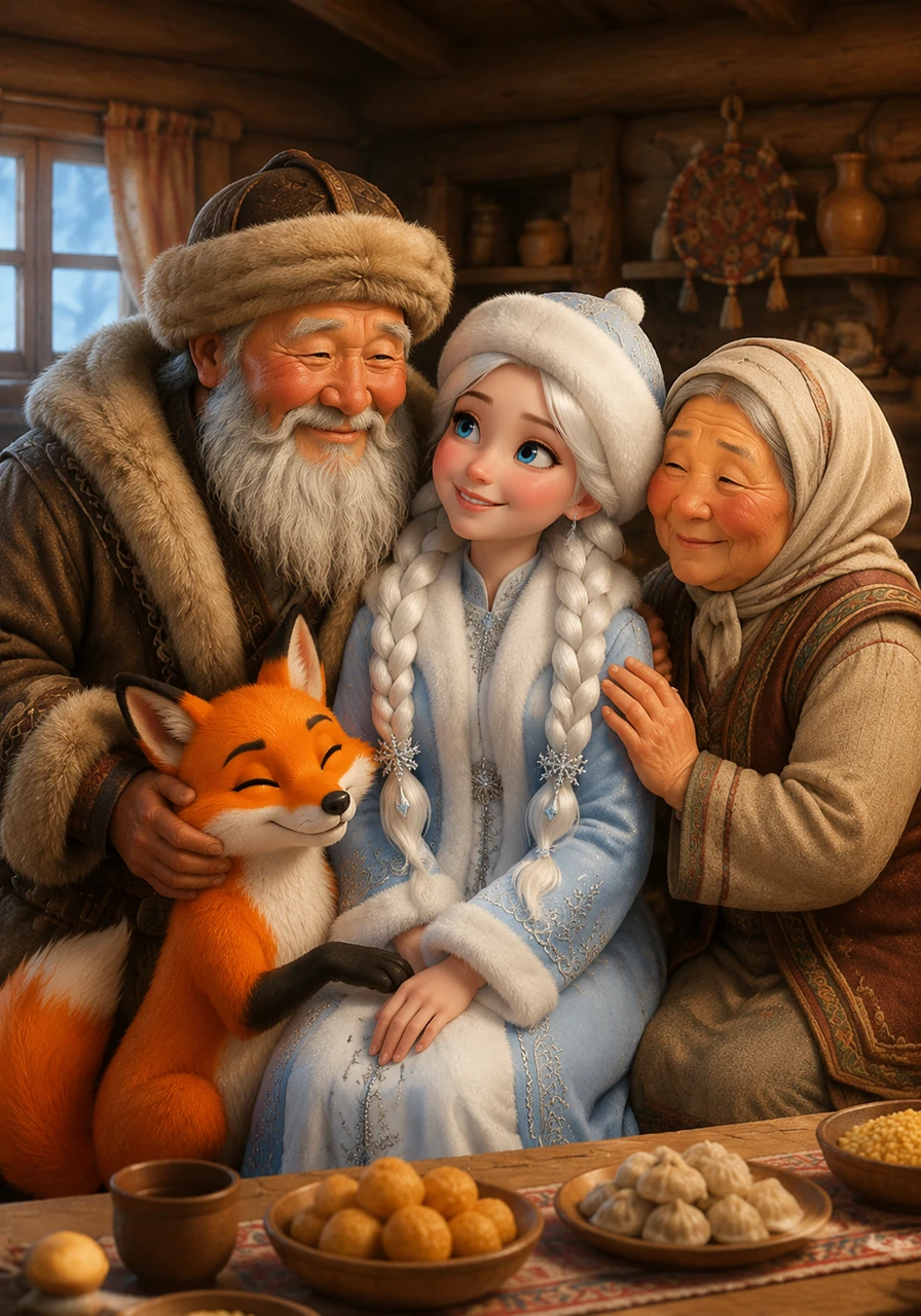 The old couple was overjoyed and named her Karshakyz, welcoming her into their warm home as their own beloved daughter. They lived together in perfect harmony, filling their days with laughter and the cozy comforts of family life.