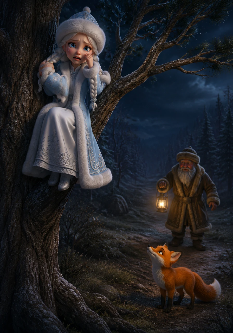 As darkness fell and the air grew cold, Karshakyz realized she was lost and became very frightened. She climbed a tall tree to stay safe from the shadows and began to cry, hoping someone would hear her calling for her parents.