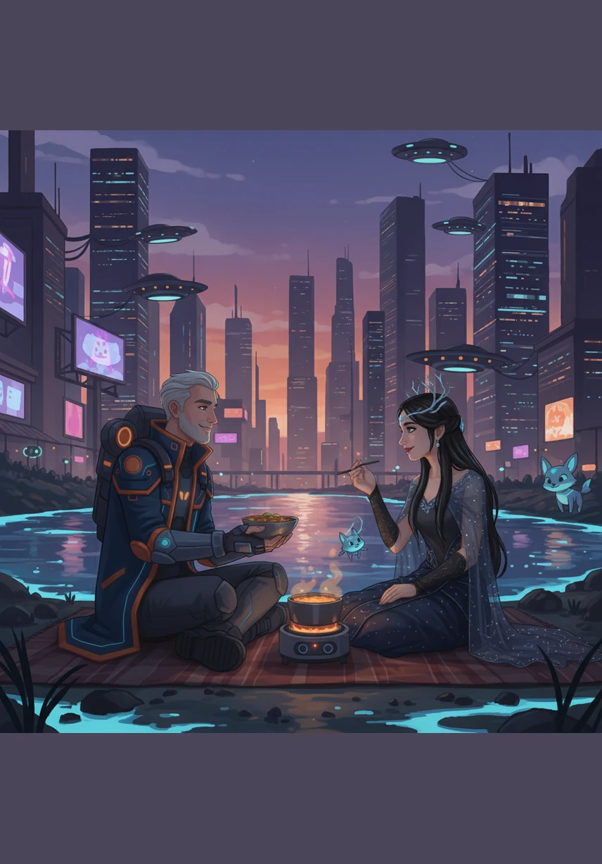 Meera and Rohan share a simple meal by the river, their laughter echoing in the quiet evening air. Despite their poverty, their bond seems unbreakable under the soft light of the setting sun.