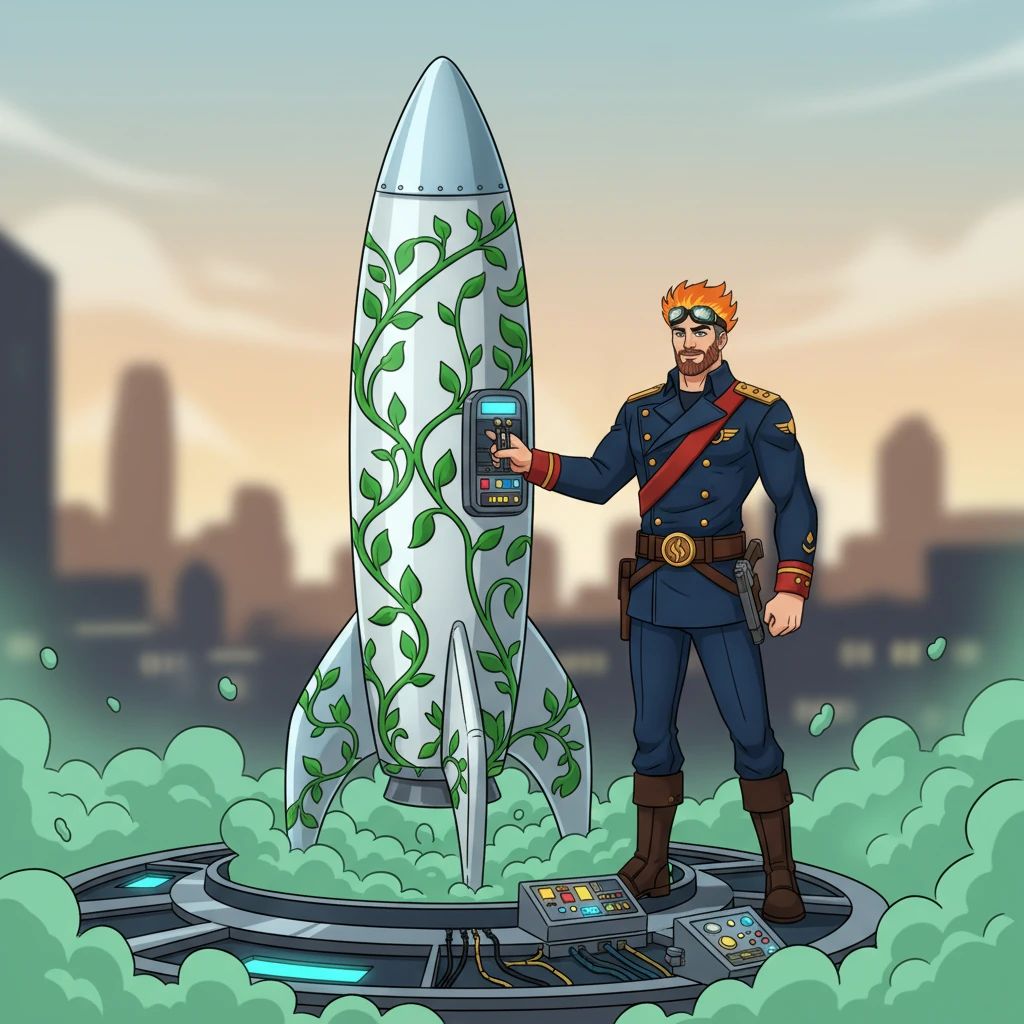 Captain Blaze prepares for liftoff beside a sleek, cartoonish rocket decorated with vibrant green leaf patterns. The rocket sits on a high-tech metall
