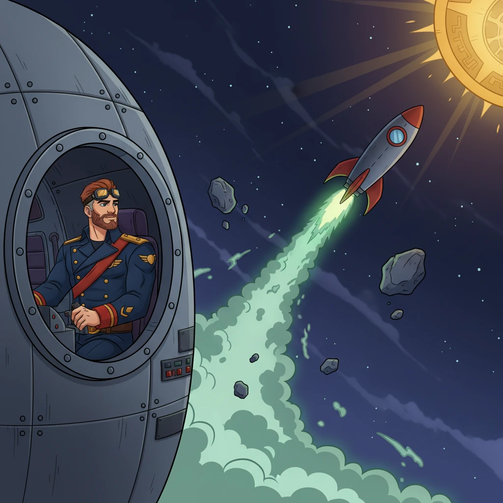 The rocket blasts through the atmosphere, trailing a brilliant stream of green sparks against the dark, starry sky. Captain Blaze watches through the