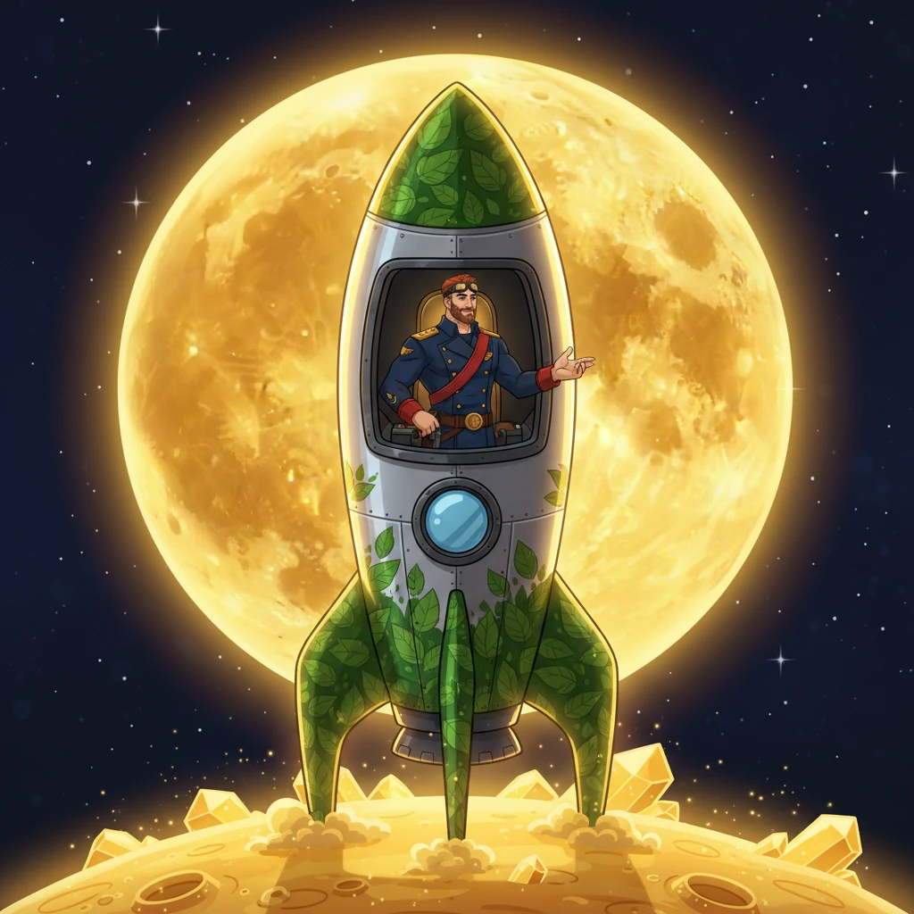 The leaf-patterned rocket successfully enters the orbit of the giant golden moon, bathed in a triumphant light. Captain Blaze smiles as the ship prepa