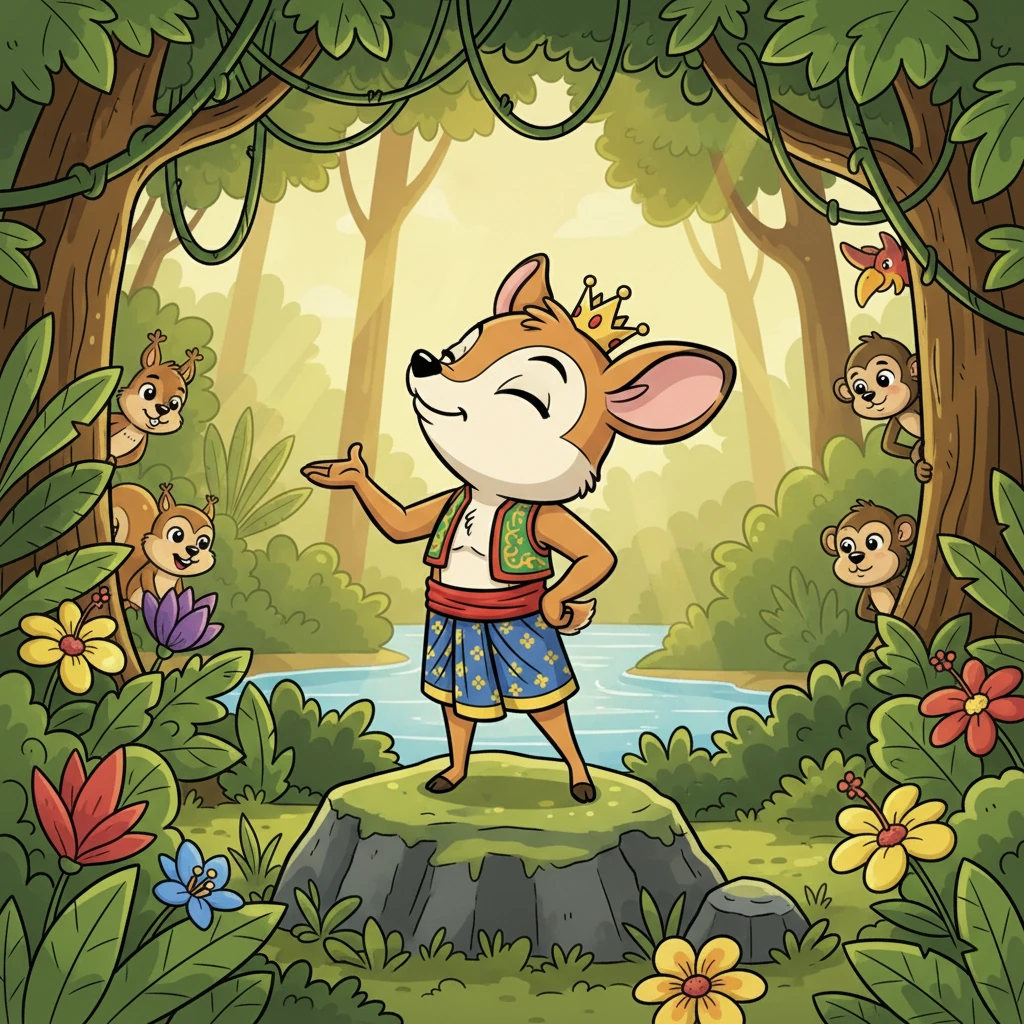 Di sebuah hutan yang rimbun, hiduplah Sang Kancil Angkuh yang terkenal dengan sifatnya yang sombong. Dia sering memuji dirinya sendiri sebagai haiwan terpantas dan paling bijak di seluruh rimba, dengan hidung mendongak ke langit.