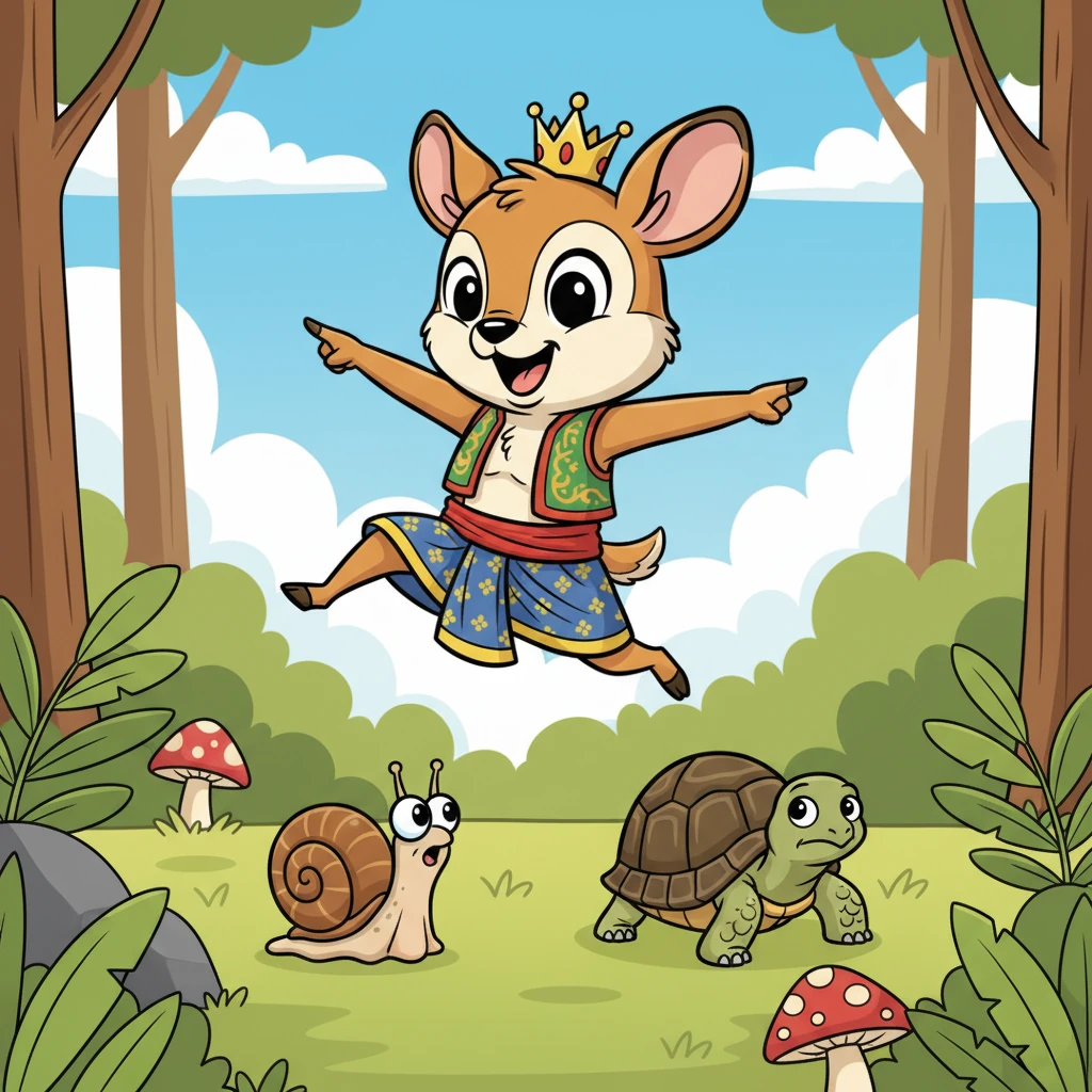 Kancil Angkuh suka sekali mengganggu haiwan lain, terutamanya yang bergerak perlahan. Dia akan melompat-lompat dan mengejek mereka, mengatakan mereka tidak berguna kerana tidak sepantas dirinya.