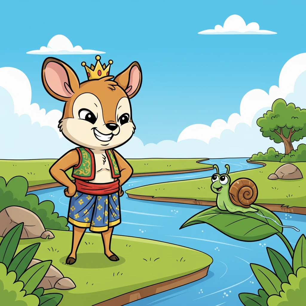 Suatu hari, Kancil Angkuh melihat Siput Bertekad yang sedang merangkak perlahan-lahan di atas daun. Dengan senyuman mengejek, dia mencabar Siput untuk berlumba dengannya ke seberang sungai.