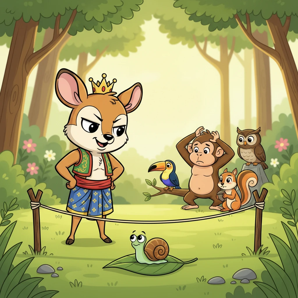 Siput Bertekad, walaupun kecil, menerima cabaran itu dengan tenang. Haiwan-haiwan lain berkumpul di tepi garisan permulaan, ingin melihat perlumbaan yang tidak masuk akal ini.