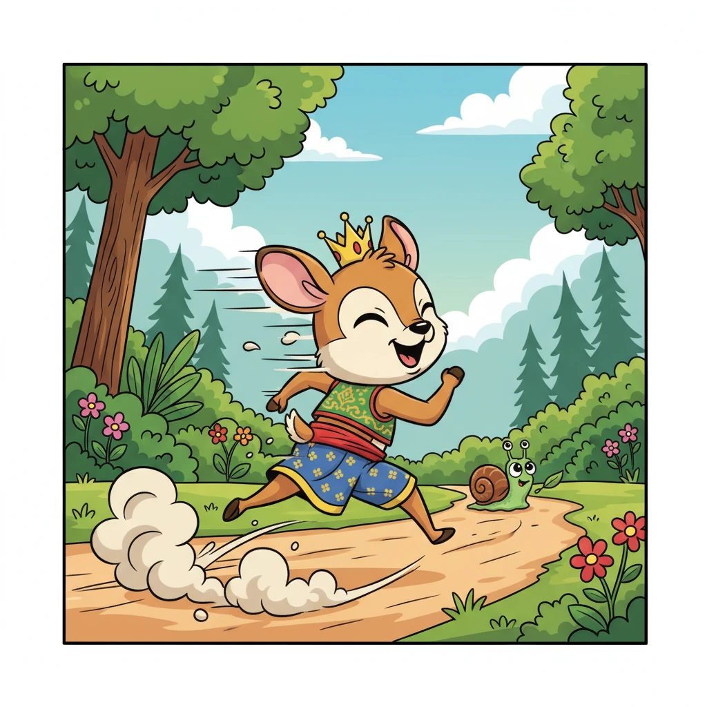 Apabila perlumbaan bermula, Kancil Angkuh melesat pergi dengan pantas, meninggalkan Siput jauh di belakang. Dia ketawa terbahak-bahak, yakin dia akan menang dengan mudah.