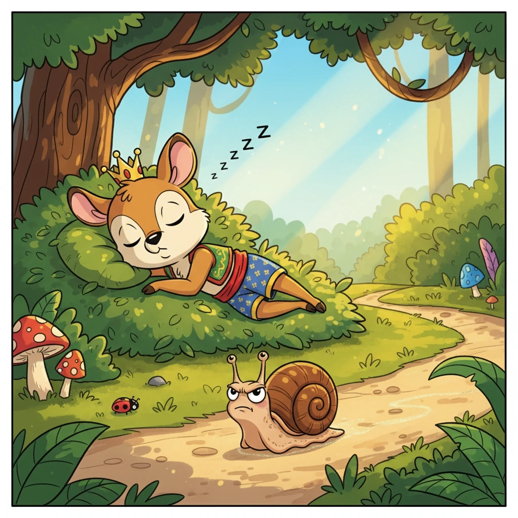 Sementara Kancil Angkuh tidur, Siput Bertekad terus merangkak, setapak demi setapak, tanpa henti. Dia tidak peduli dengan kepantasan Kancil, hanya fokus pada matlamatnya.