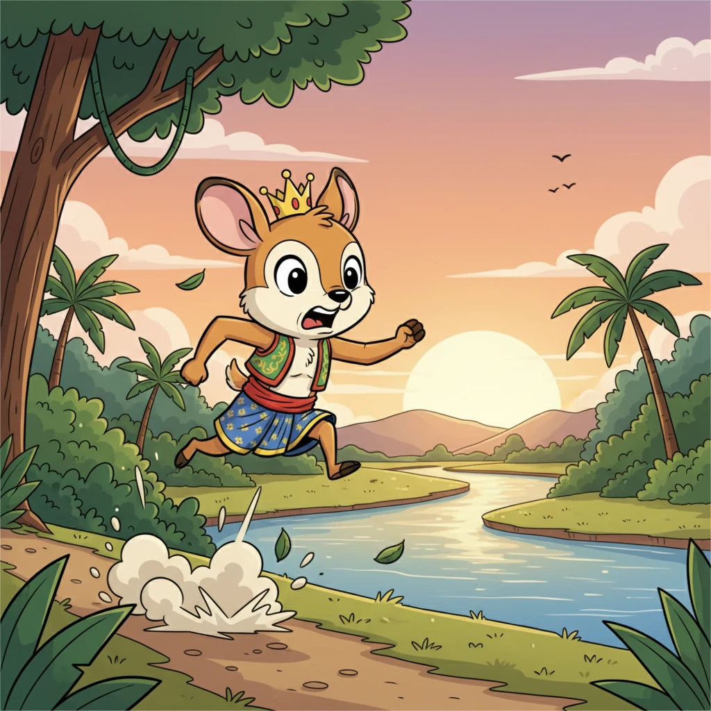 Apabila Kancil Angkuh terjaga, matahari sudah condong ke barat. Dia terkejut apabila menyedari Siput sudah tidak kelihatan di belakangnya. Dengan panik, dia melompat dan berlari sekuat hati.