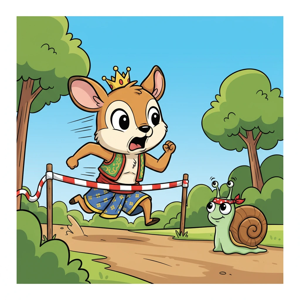 Kancil Angkuh berlari sepantas kilat ke garisan penamat. Namun, alangkah terkejutnya dia apabila melihat Siput Bertekad sudah berada di sana, baru sahaja melintasi garisan penamat.