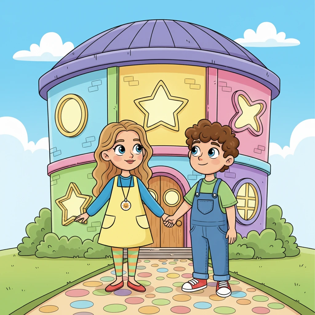 Léo, un petit garçon aux grands yeux curieux, arrive pour la première fois devant la "Maison des Merveilles". Le bâtiment est rond et coloré, avec des fenêtres aux formes amusantes qui semblent l'inviter à entrer. Léo serre la main de sa maman, un peu timide mais plein d'excitation.