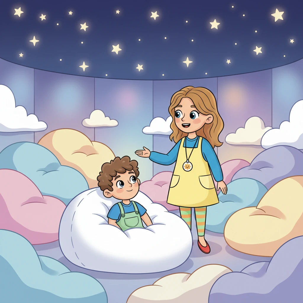 Madame Sophie conduit Léo dans la "Salle des Nuages", un espace rempli de coussins moelleux et de lumières douces qui changent de couleur. Léo s'enfonce dans un gros pouf, observant les étoiles lumineuses projetées au plafond. Il se sent enveloppé de calme et de tendresse.