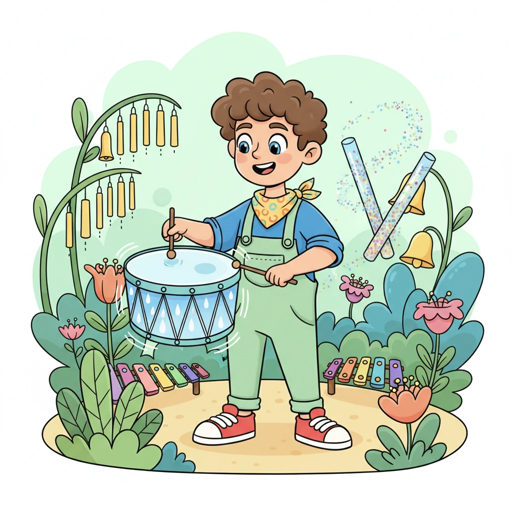 Ensuite, ils visitent le "Jardin Sonore", où Léo découvre des instruments pas comme les autres. Il tapote un tambour qui fait un son doux comme la pluie, puis secoue des bâtons de pluie scintillants. Chaque son est une nouvelle surprise pour ses oreilles attentives.