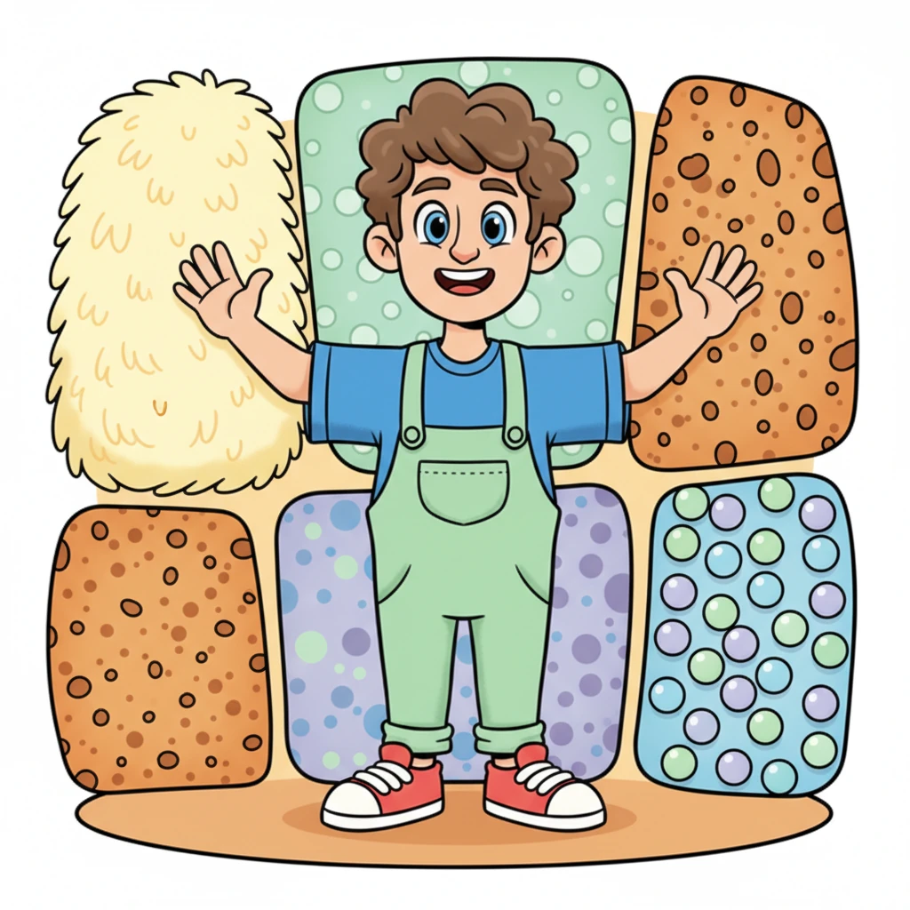 Dans la "Galerie des Textures", Léo passe ses petites mains sur un mur rempli de surprises. Il touche une fourrure ultra douce, une surface rugueuse comme du sable, et des billes lisses et froides. Chaque sensation est une aventure unique pour ses doigts explorateurs.