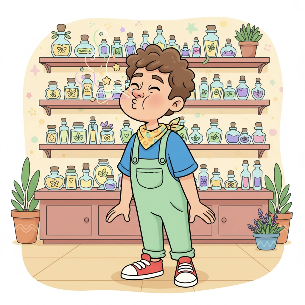 Le "Coin des Parfums" est rempli de petites fioles aux arômes délicieux. Léo respire l'odeur sucrée de la vanille, la fraîcheur de la menthe et la douceur de la lavande. Ses narines frétillent de plaisir, et un grand sourire illumine son visage.