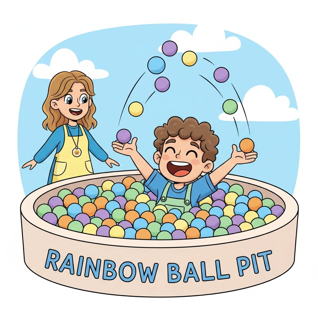 Madame Sophie invite Léo à plonger dans la "Piscine à Balles Arc-en-ciel". Léo rit aux éclats en s'enfonçant dans les milliers de balles colorées qui l'entourent. Il lance les balles en l'air et se cache, un vrai petit poisson dans un océan de couleurs.