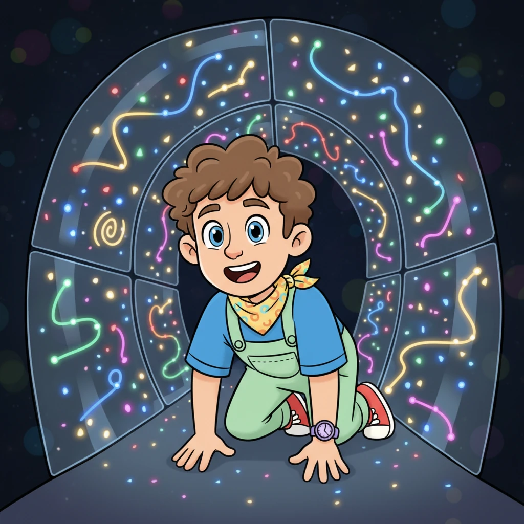 Léo rampe à travers le "Tunnel Scintillant", un passage magique où des lumières LED changent de motifs et de couleurs. Il est fasciné par les reflets dansants qui l'accompagnent, se sentant comme un héros explorant un monde fantastique.