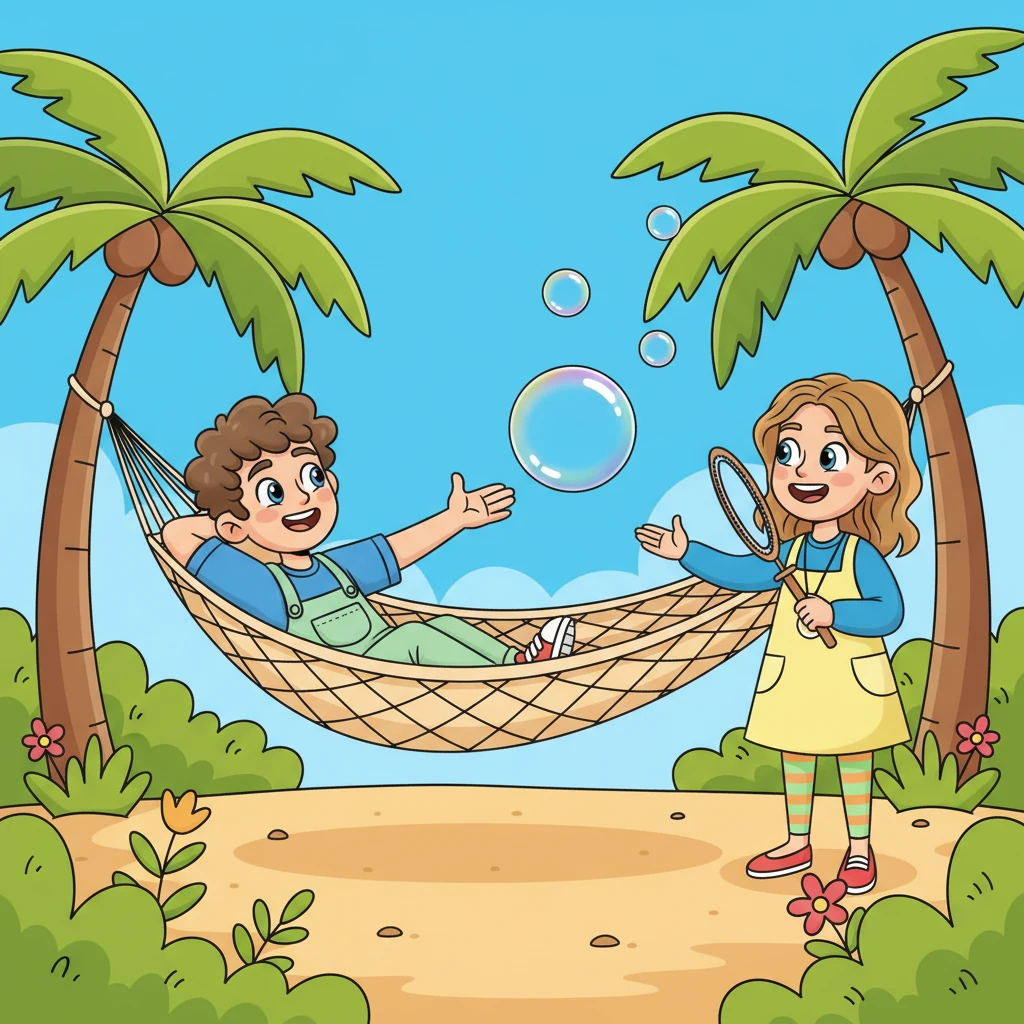 Assis confortablement dans un hamac, Léo observe un autre enfant, Zoé, qui joue avec des bulles géantes. Il tend une main pour attraper une bulle qui flotte doucement vers lui. Un moment de partage silencieux et joyeux se crée entre les deux enfants.