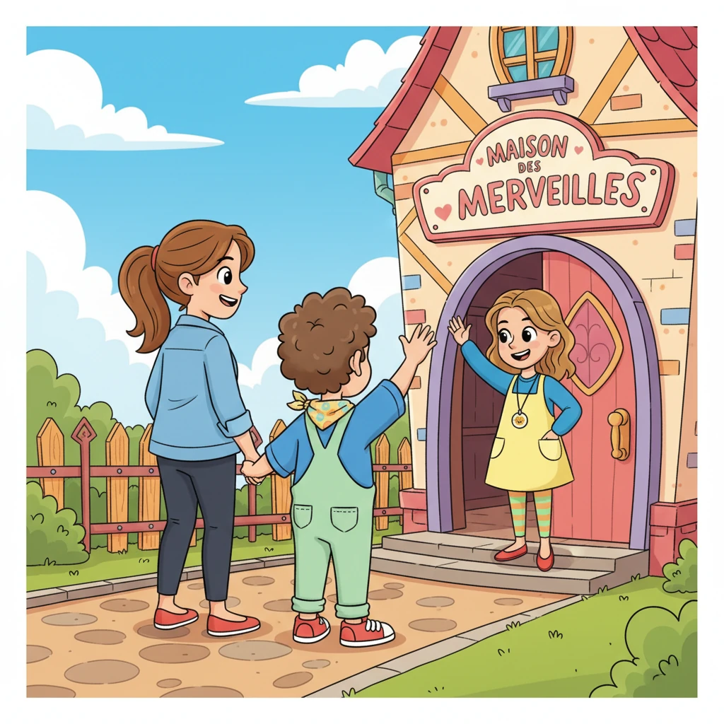 Après toutes ces découvertes, Léo dit au revoir à Madame Sophie avec un grand signe de la main. Il repart avec sa maman, le cœur léger et la tête pleine de merveilleux souvenirs. Léo a hâte de revenir à la Maison des Merveilles pour de nouvelles aventures.