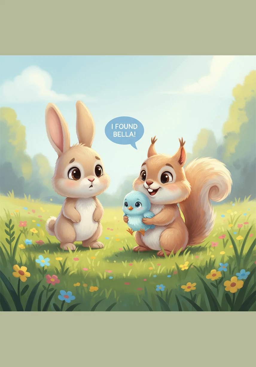 Barnaby the Bunny hops through a bright, sunny meadow filled with soft green grass and colorful flowers. He discovers a secret patch of the biggest, crunchiest orange carrots he has ever seen.