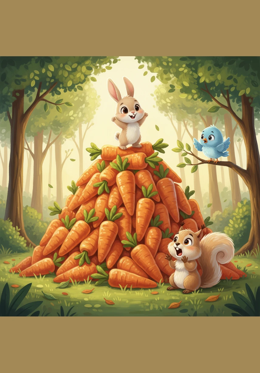 Barnaby gathers all the carrots into a giant pile, his eyes wide with excitement. He hugs the pile tightly, thinking about how he wants to keep every single one for himself.
